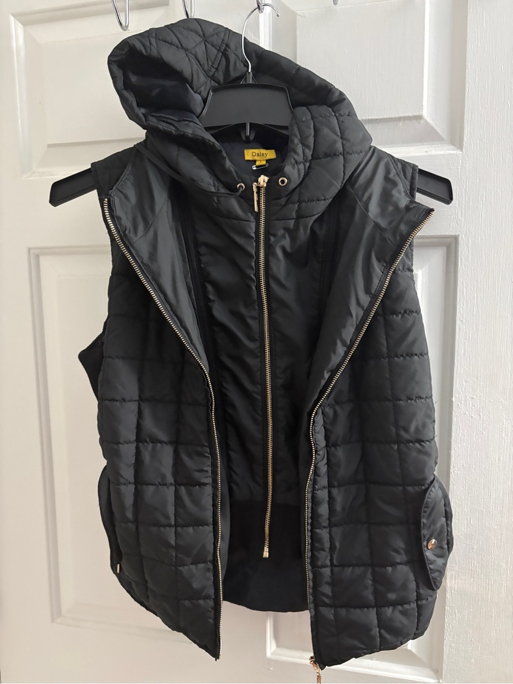 Daisy Black Quilted Hooded Puffer Vest with Gold Zippers